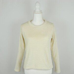 Natura Women's XXS Cream Patterned Fleece Crewneck Long Sleeve Sweater